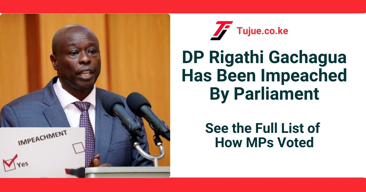 DP Rigathi Gachagua Has Been Impeached By Parliament: See the Full List of How MPs Voted